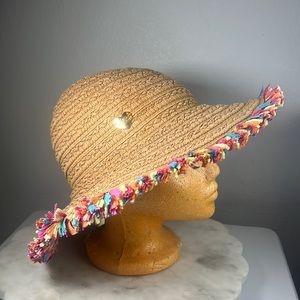 Betsey Johnson Rainbow Fringe Trim Tan Straw Hat … - image 1